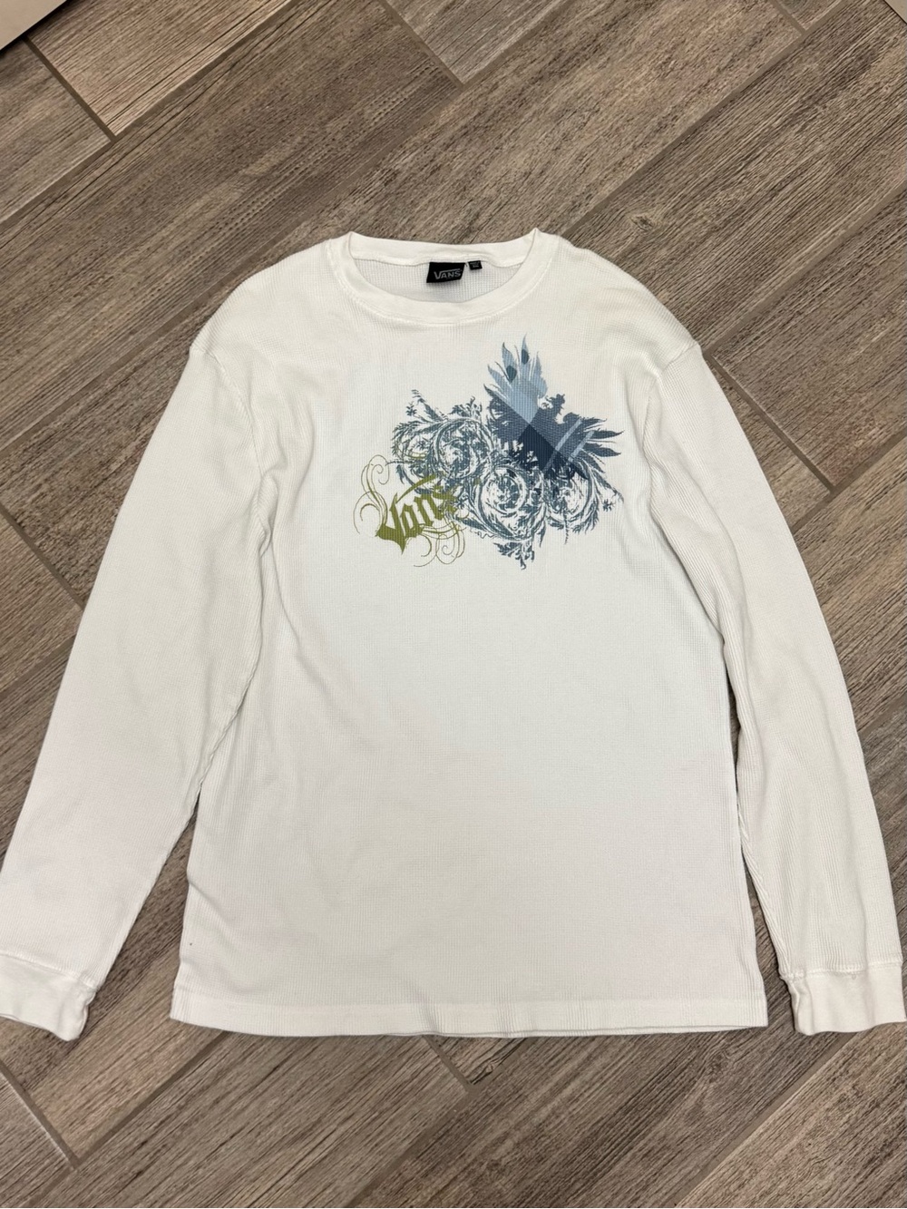 Vans White Long Sleeve Graphic Tee with Blue and Olive Design